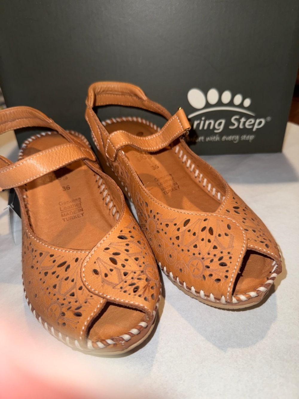 Spring Step Camel Leather Peep-Toe Mary Jane Sandals